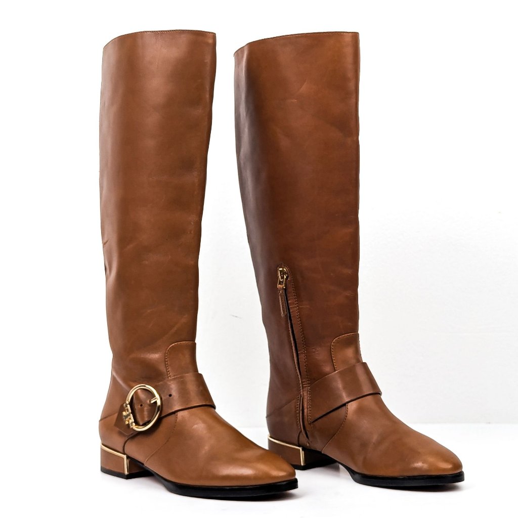 Tory Burch Women Sofia 85 Lug Sole T Logo Heeled Brown Suede Boots Size 6